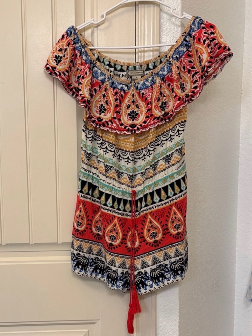 Flying Tomato Romper Medium Off Shoulder Boho Tribal Print Tassel Festival